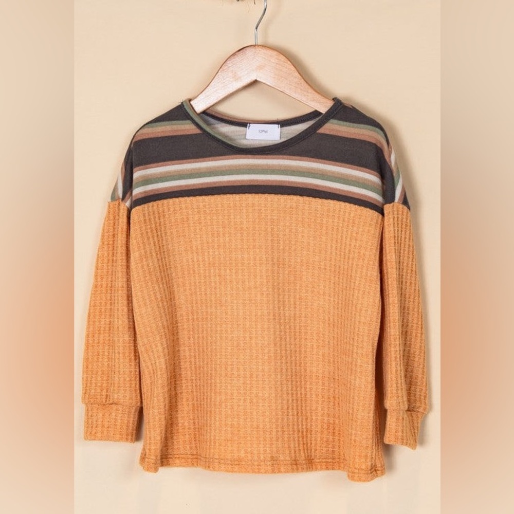 Girls Stripe Waffle Knit Top- Mustard